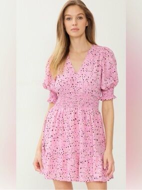 Entro Pink Floral Smocked Waist Puff Sleeve Mini Dress Medium